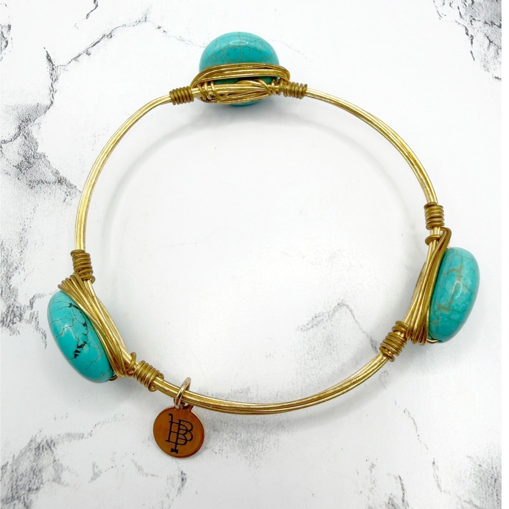 Bourbon and Boweties Turquoise‎ Bracelet Gold Wire Wrapped BB Tag 8.5"